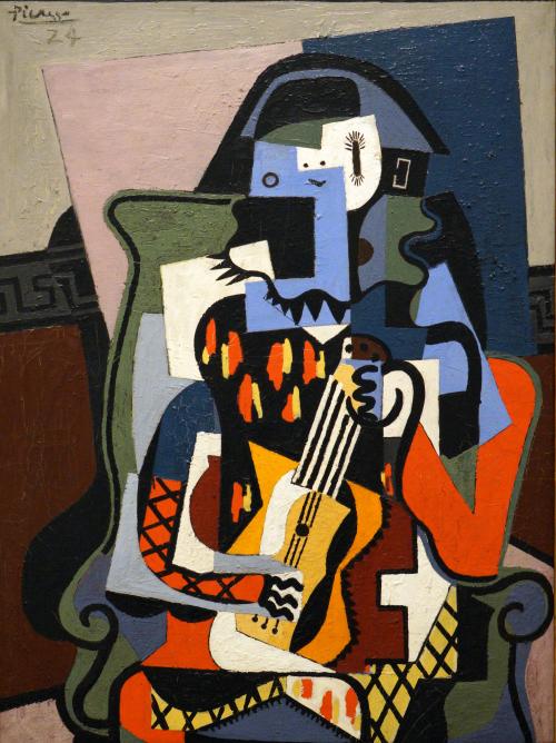 Picasso, Pablo, Spanish, 1881 - 1973Harlequin Musician 1924 oil on canvas overall: 130 x 97.2 cm (51 3/16 x 38 1/4 in.) framed: 150.8 x 117.8 x 5.7 cm (59 3/8 x 46 3/8 x 2 1/4 in.) Given in loving memory of her husband, Taft Schreiber, by Rita Schreiber 1989.31.2 